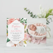 フローラ水色ガールバプティスフォト招待状 招待状 (スタンド正面)