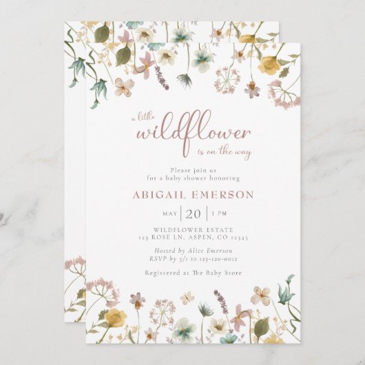 フローラ水色ガールベビーシャワー 招待状 (正面/裏面)