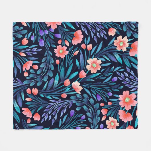 フローラ水色シームレスパターン フリースブランケット (正面(横))