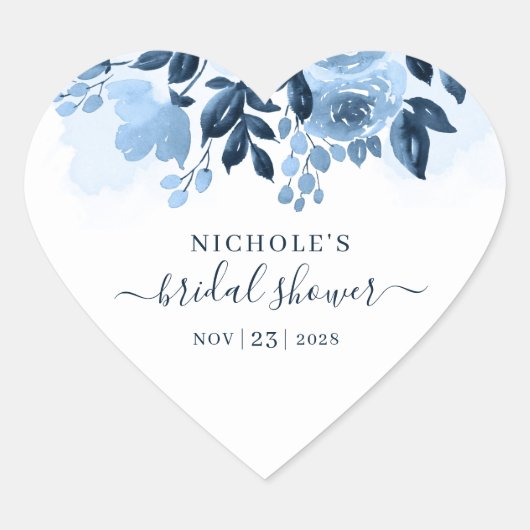フローラ水色スクリプトネイビーブルーブライダルシャワー ハートシール (正面)