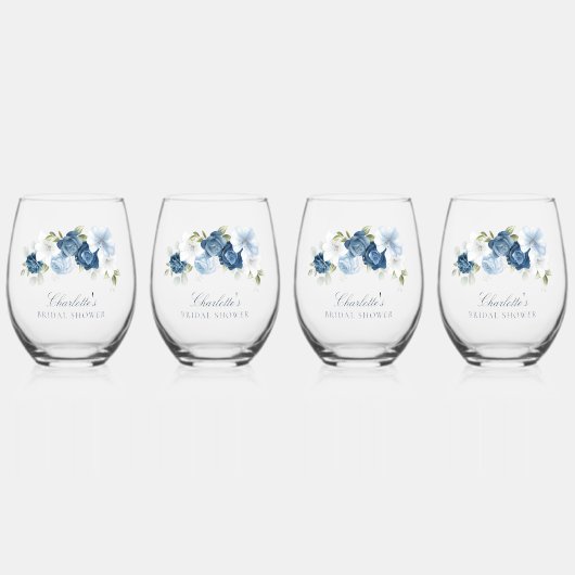 フローラ水色スクリプトブライダルシャワー ステムなしワイングラス (正面)
