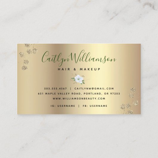 フローラ水色スタイリッシュスクリプト金ゴールド白モダン 名刺 (裏面)