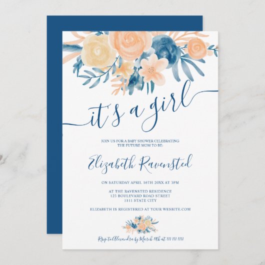 フローラ水色ネイビーブルーピーチベイビーシャワー 招待状 (正面/裏面)