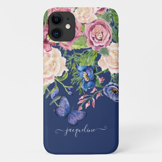 フローラ水色ネービーブルーバタフライスクリプト名 Case-Mate iPhoneケース (裏面)