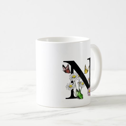 フローラ水色バタフライモノグラム文字N コーヒーマグカップ (正面右)