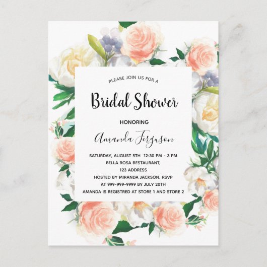 フローラ水色バラ金ゴールドピンクブライダルシャワー ポストカード (正面)