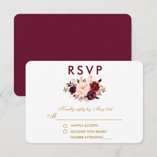 フローラ水色バーガンディ金ゴールド結婚式RSVP 出欠カード (正面/裏面)