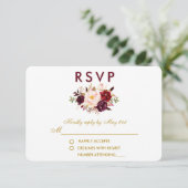 フローラ水色バーガンディ金ゴールド結婚式RSVP 出欠カード (スタンド正面)