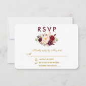 フローラ水色バーガンディ金ゴールド結婚式RSVP 出欠カード (正面)