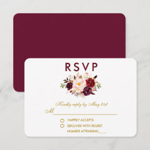 フローラ水色バーガンディ金ゴールド結婚式RSVP 出欠カード