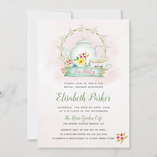 フローラ水色ピンクブライダルシャワー茶パーティー 招待状 (正面)