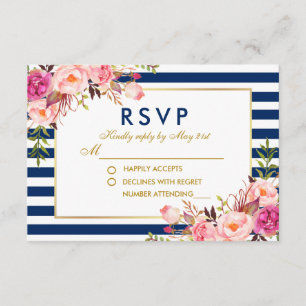 フローラ水色ピンクブルーストライプズ結婚式RSVP 出欠カード