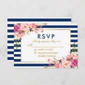 フローラ水色ピンクブルーストライプズ結婚式RSVP 出欠カード (正面/裏面)