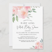 フローラ水色ピンクベビーガールバーチャルシャワー 招待状 (正面)