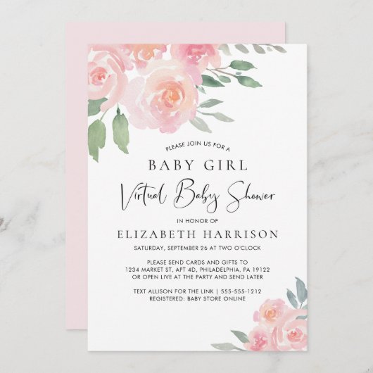 フローラ水色ピンクベビーガールバーチャルシャワー 招待状 (正面/裏面)