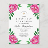 フローラ水色ピンク牡丹の最初の聖餐式 インビテーションポストカード (正面)