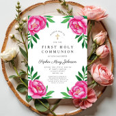 フローラ水色ピンク牡丹の最初の聖餐式 招待状
