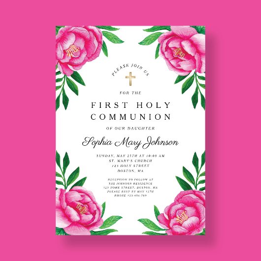 フローラ水色ピンク牡丹の最初の聖餐式 招待状
