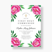 フローラ水色ピンク牡丹の最初の聖餐式 招待状