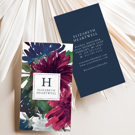 フローラ水色ブルゴーニュ海軍ブルーモノグラム 名刺