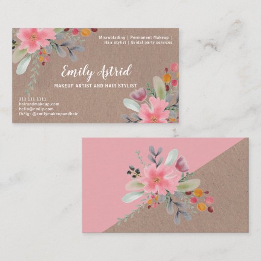 フローラ水色メイクアップヘアクラフトタイポグラフィ 名刺 (正面/裏面)