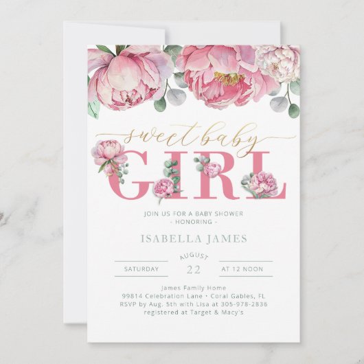 フローラ水色ユーカリ緑パーソナライズされた 招待状 (正面)