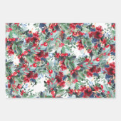 フローラ水色リース格子青赤クリスマス ラッピングペーパーシート (正面)