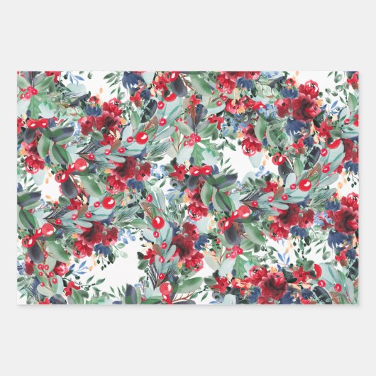 フローラ水色リース格子青赤クリスマス ラッピングペーパーシート (正面)