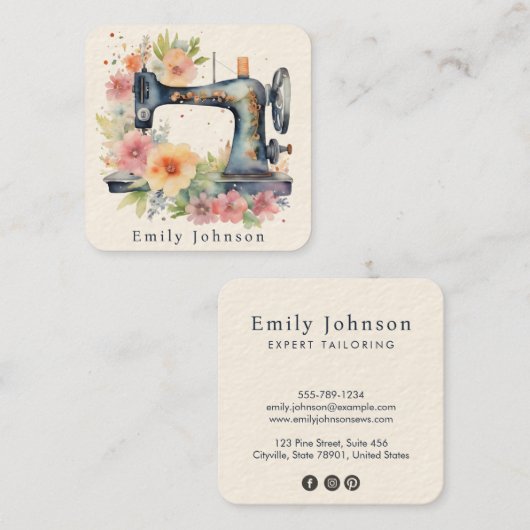 フローラ水色ヴィンテージ裁縫機ファッション スクエア名刺 (正面/裏面)