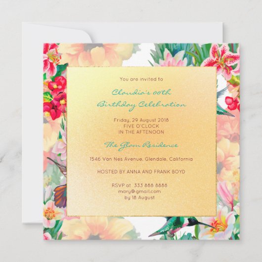 フローラ水色春イベント誕生日金ゴールド 招待状 (正面)