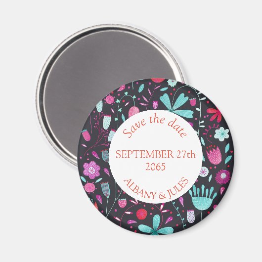 フローラ水色濃い日付を保存 マグネット (正面/裏面)