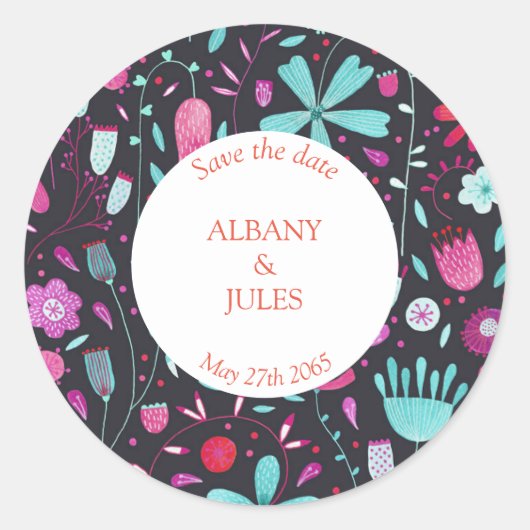 フローラ水色濃い日付を保存 ラウンドシール (正面)