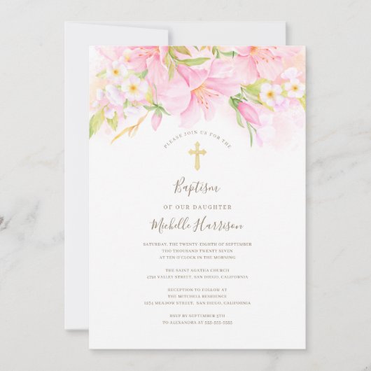 フローラ水色繊細な赤面ピンクガールバプテスマ 招待状 (正面)