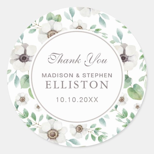 フローラ水色 |ホワイトアネモン |ありがとうございます ラウンドシール (正面)
