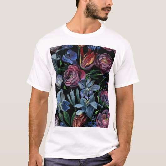 フローラ油パステル:シームレスパターン Tシャツ (正面)
