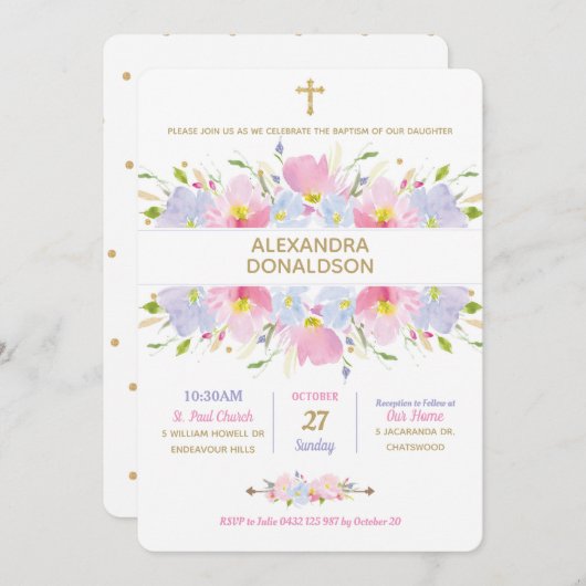 フローラ洗礼《キリスト教》洗礼式や命名式ガール 招待状 (正面/裏面)