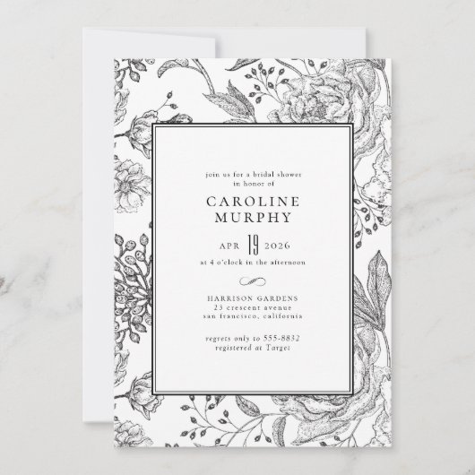 フローラ洗練されたブラックエレガントブライダルシャワー 招待状 (正面)