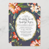 フローラ海軍と金ゴールドヴィンテージ結婚式 招待状 (正面/裏面)