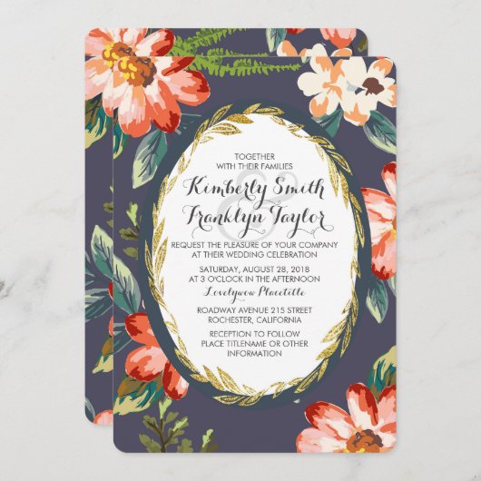 フローラ海軍と金ゴールドヴィンテージ結婚式 招待状 (正面/裏面)