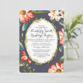 フローラ海軍と金ゴールドヴィンテージ結婚式 招待状 (スタンド正面)