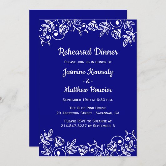 フローラ海軍リハーサルディナーウェディングフラワーズブルー 招待状 (正面/裏面)