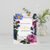 フローラ深いカラー誕生日金箔招待状 箔シーズンポストカード (立ち正面)