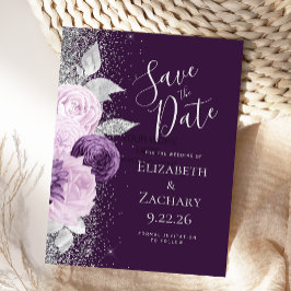 フローラ深いパープルラベンダーシルバーグリッター ポストカード