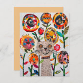 フローラ混合メディアCatコラージュのグリーティングカード サンキューカード (正面/裏面)