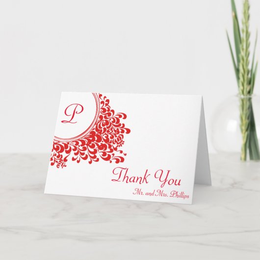 フローラ渦巻き装飾とイニシャルありがとう サンキューカード (正面)