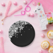 フローラ濃花グリッター銀エレガント黒g ペーパープレート (パーティー)