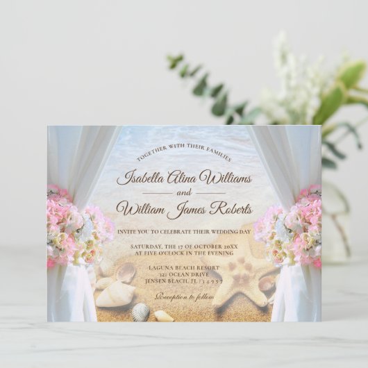フローラ熱帯ビーチヒトデ結婚式招待状 招待状 (スタンド正面)