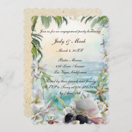 フローラ熱帯ビーチ結婚式婚約パーティ 招待状 (正面/裏面)