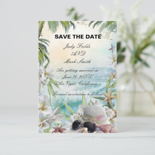 フローラ熱帯ビーチ結婚式日付カードを保存 セーブザデート (スタンド正面)
