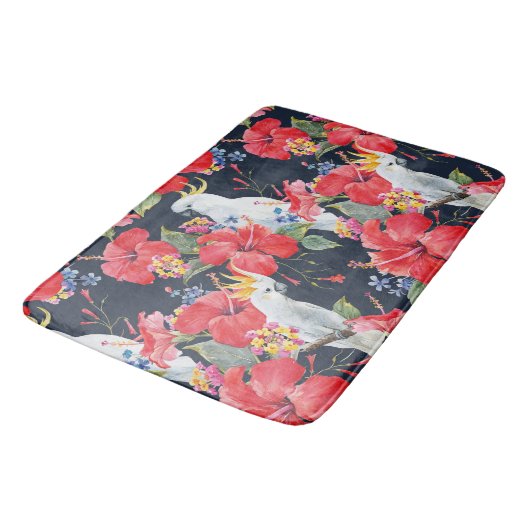 フローラ熱帯性柄赤ハイビスカスコカトゥー バスマット (アングル)